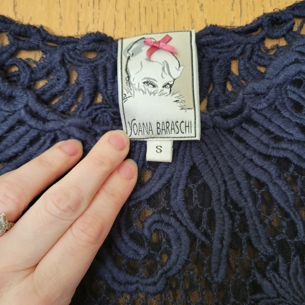 Yoana Baraschi navy blue see-through lace fishnet embroidered 3/4 sleeve top S